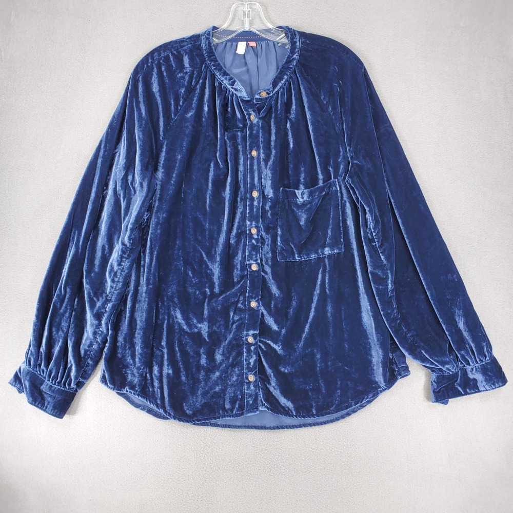 Pilcro Blouse Women L Blue Velvet Button Front Long Sleeve Anthropologie Top
